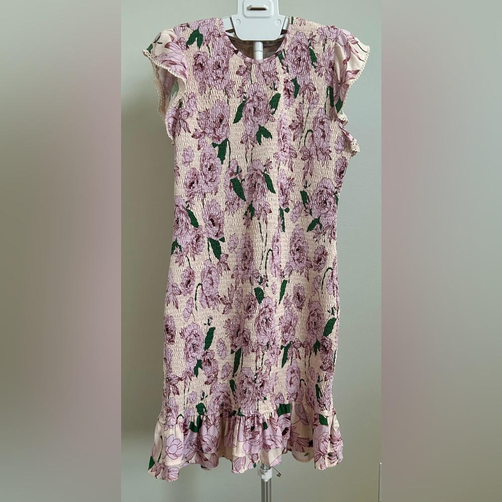 Lost + Wander- Textured Cream and Pink Floral Mini Dress